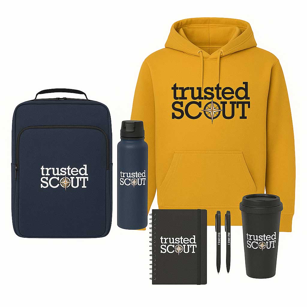 Branded promotional gift set featuring a yellow hoodie, navy backpack, water bottle, travel tumbler, notebook, and pens with Trusted Scout logo – trending swag for corporate gifting in 2025.