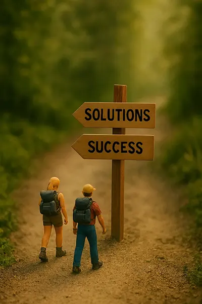 Miniature hikers walk down a forest trail toward a wooden sign pointing toward “Solutions” and “Success,” representing Trusted Scout’s mission to guide brands toward smart, creative marketing paths that lead to growth.