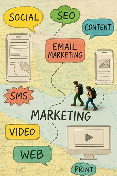 Two tiny backpackers follow a dotted trail across a hand-drawn marketing map featuring icons for SEO, social media, content, email marketing, video, and web — illustrating Trusted Scout’s integrated approach to marketing strategy and design.