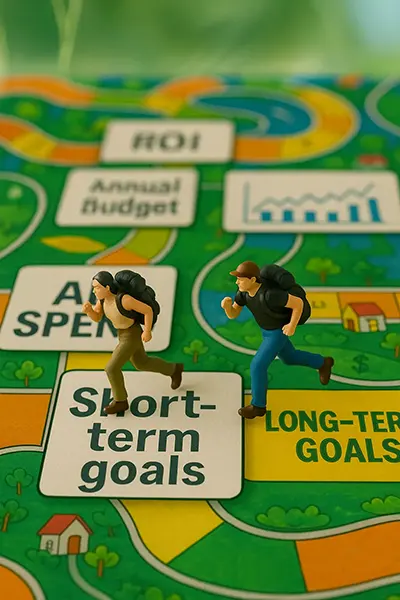 Two miniature hikers trek across a colorful game board labeled with marketing goals like ROI, annual budget, and short-term goals — symbolizing how Trusted Scout helps brands plan marketing strategies that fit both their goals and their budget.
