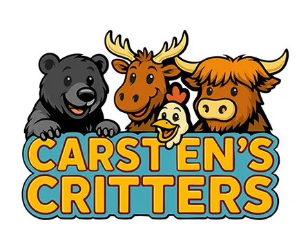 Carsten’s Critters logo featuring cartoon farm animals including a bear, moose, chicken, and Highland cow in bright playful colors.