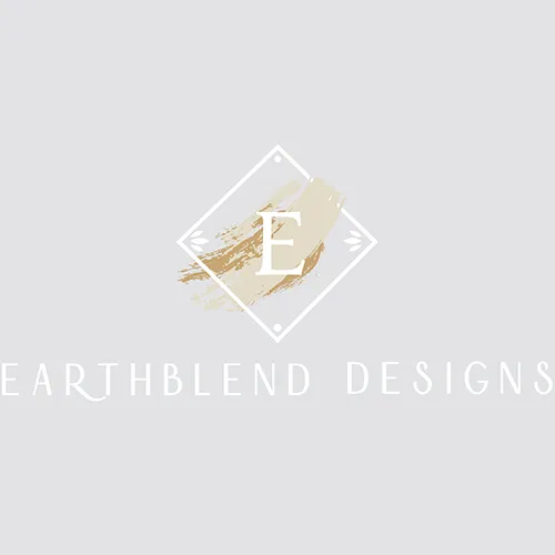 EarthBlend Designs logo with a minimalist beige paint stroke and letter E inside a diamond shape — Bozeman Montana creative brand