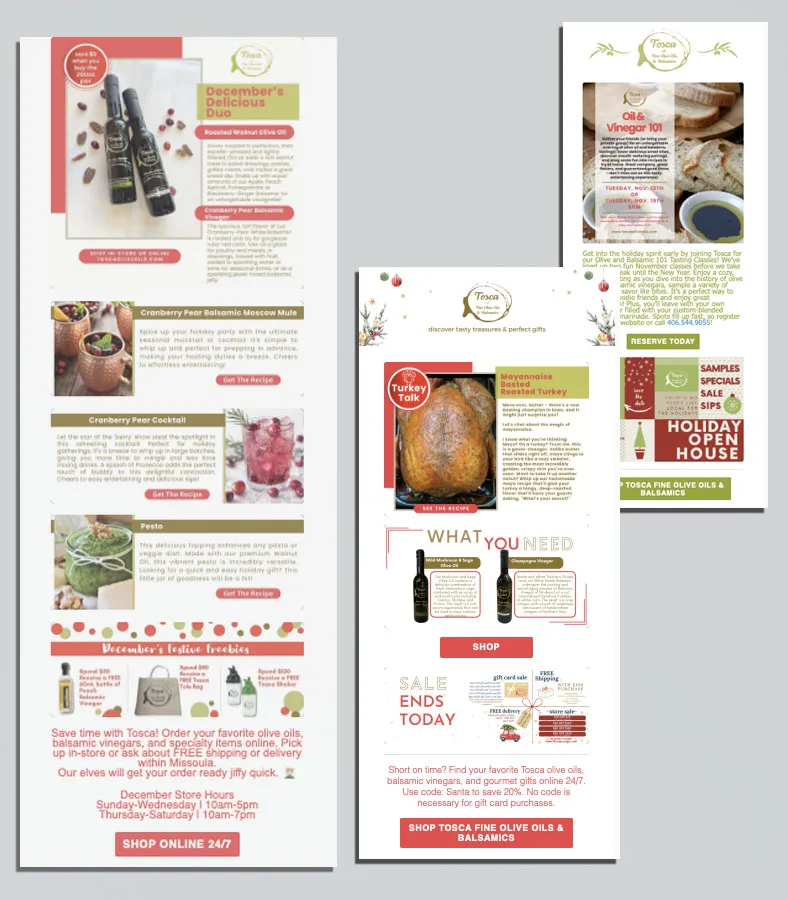 Email campaign design for Tosca Olive Oils & Balsamics featuring product highlights, recipes, and seasonal promotions — Missoula Montana gourmet brand.