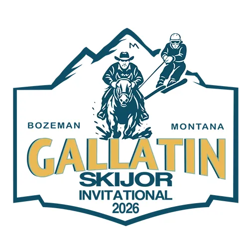 Gallatin Skijor Invitational 2026 logo showing a cowboy on horseback pulling a skier with the Bridger Mountains and Bozeman Montana text.