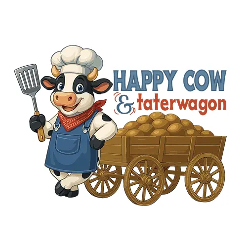 Happy Cow & Taterwagon logo featuring a smiling cow chef holding a spatula beside a wooden wagon full of potatoes — Bozeman Montana food truck branding.