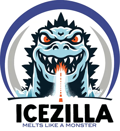 IceZilla logo showing a blue monster breathing fire with the tagline ‘Melts Like a Monster’ — liquid deicer brand based in Belgrade Montana.