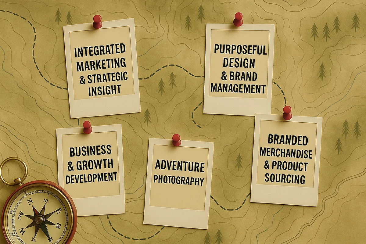 Trail map with five Polaroids showing Trusted Scout services: Business & Growth Development, Integrated Marketing & Strategic Insight, Purposeful Design & Brand Management, Branded Merchandise & Product Sourcing, and Adventure Photography