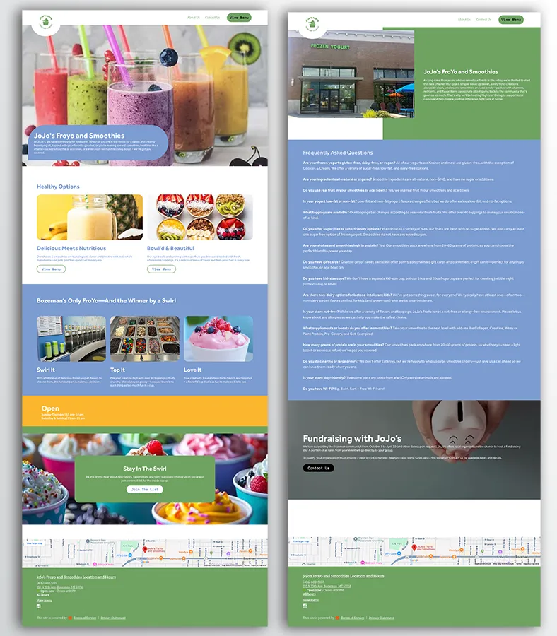 Website design for JoJo’s FroYo & Smoothies featuring colorful frozen yogurt and smoothie visuals, community fundraising info, and Bozeman Montana location.