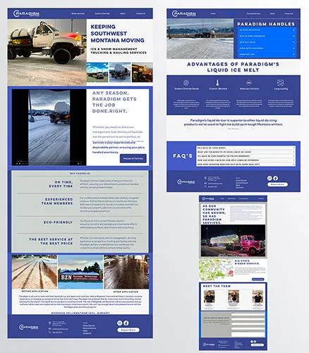 Website design for Paradigm Services highlighting snow and ice management, de-icing solutions, and trucking services in Bozeman Montana.