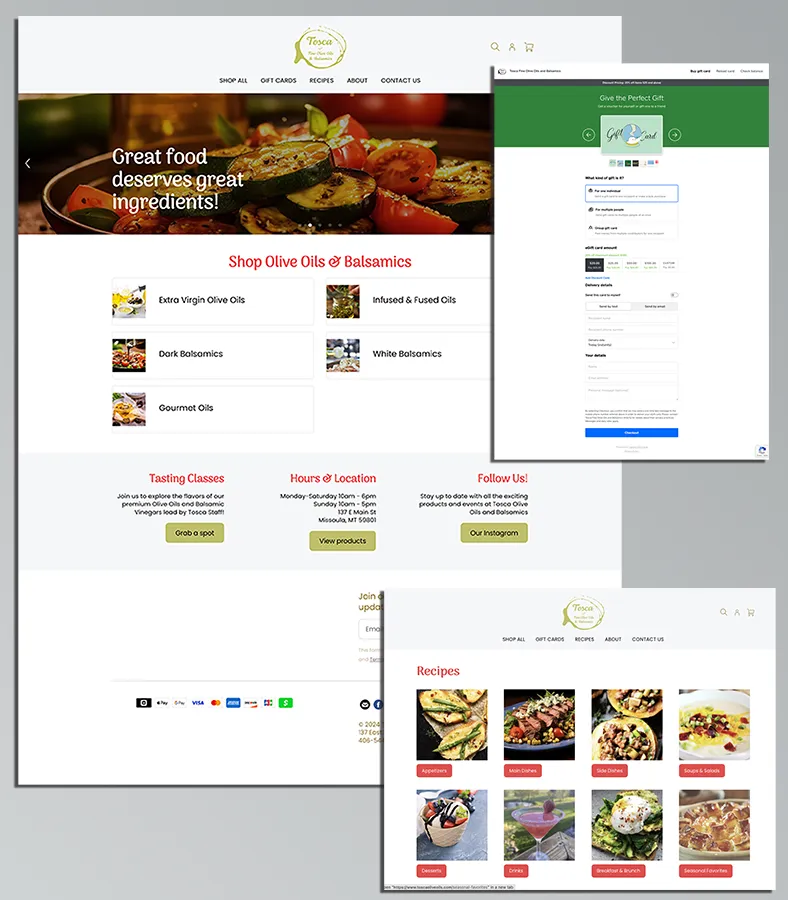 Website design for Tosca Olive Oils & Balsamics, showcasing online shop, recipe pages, and tasting class information — Missoula, Montana brand website.